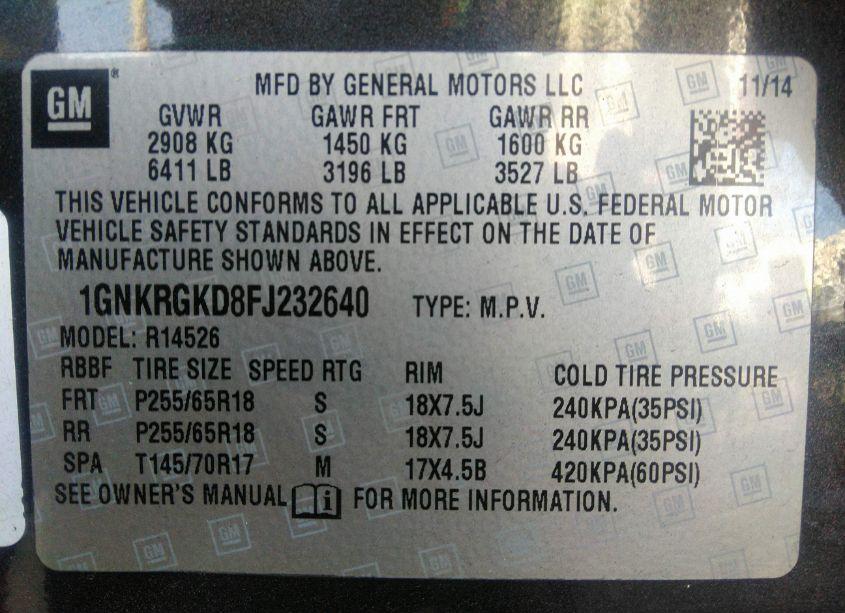 Photo 9 of 2015 Chevrolet Traverse 1LT (VIN 1GNKRGKD8FJ232640)