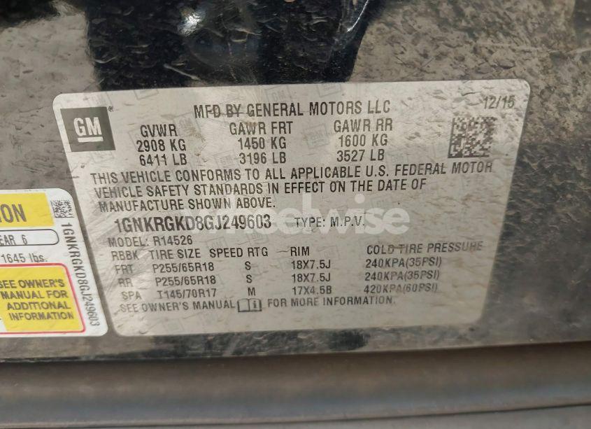 Photo 9 of 2016 Chevrolet Traverse 1LT (VIN 1GNKRGKD8GJ249603)