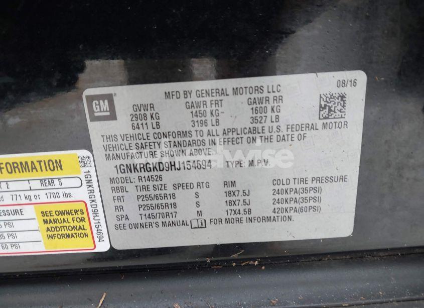 Photo 9 of 2017 Chevrolet Traverse 1LT (VIN 1GNKRGKD9HJ154694)