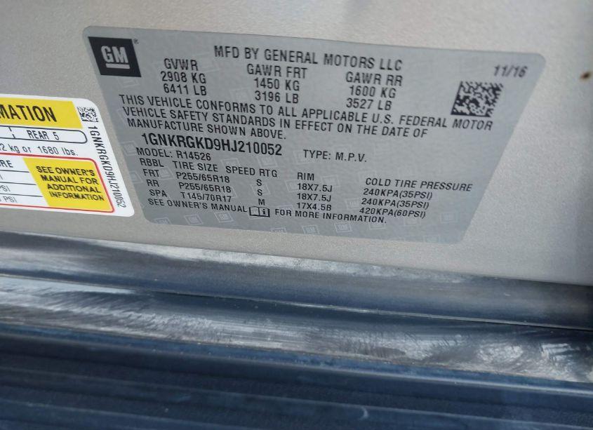 Photo 9 of 2017 Chevrolet Traverse 1LT (VIN 1GNKRGKD9HJ210052)