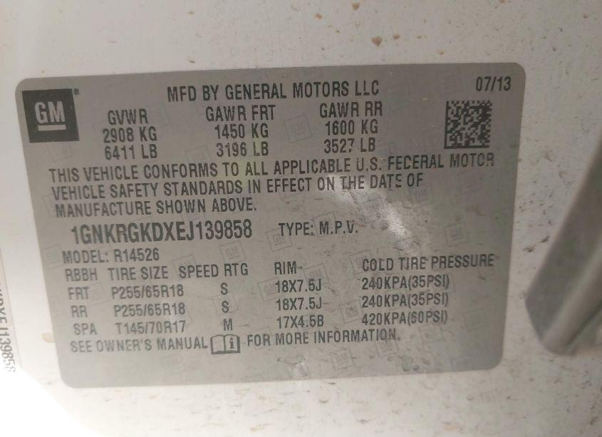 Photo 9 of 2014 Chevrolet Traverse 1LT (VIN 1GNKRGKDXEJ139858)