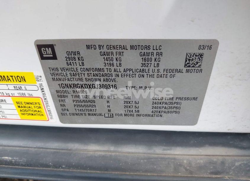 Photo 9 of 2016 Chevrolet Traverse 1LT (VIN 1GNKRGKDXGJ309316)