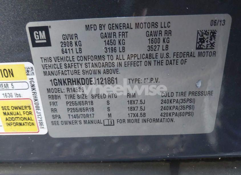 Photo 9 of 2014 Chevrolet Traverse 2LT (VIN 1GNKRHKD0EJ121861)