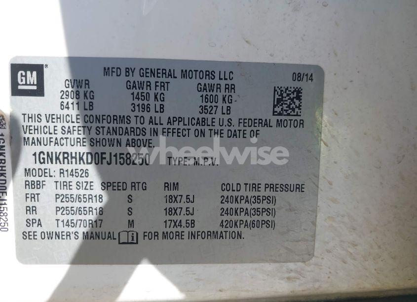 Photo 9 of 2015 Chevrolet Traverse 2LT (VIN 1GNKRHKD0FJ158250)