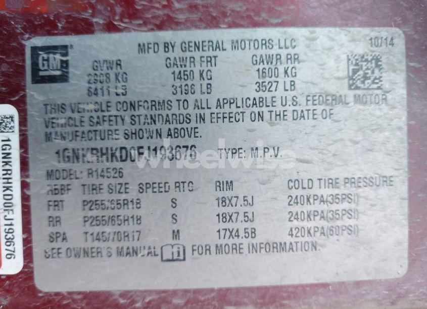 Photo 9 of 2015 Chevrolet Traverse 2LT (VIN 1GNKRHKD0FJ193676)