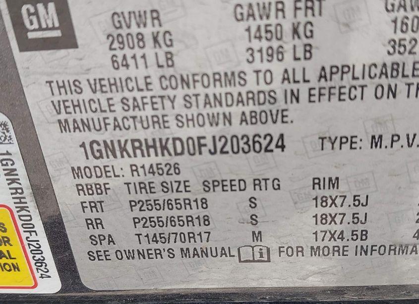 Photo 9 of 2015 Chevrolet Traverse 2LT (VIN 1GNKRHKD0FJ203624)