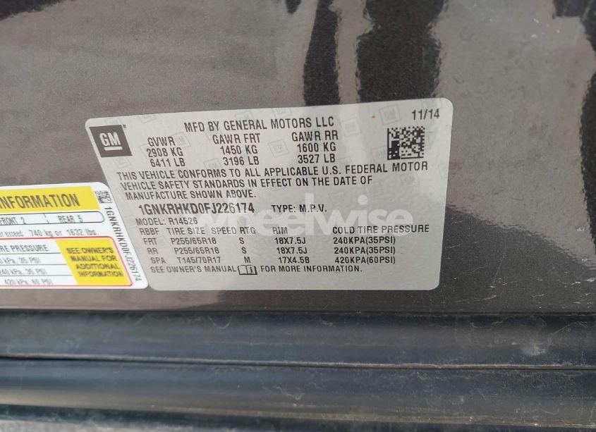 Photo 9 of 2015 Chevrolet Traverse 2LT (VIN 1GNKRHKD0FJ226174)