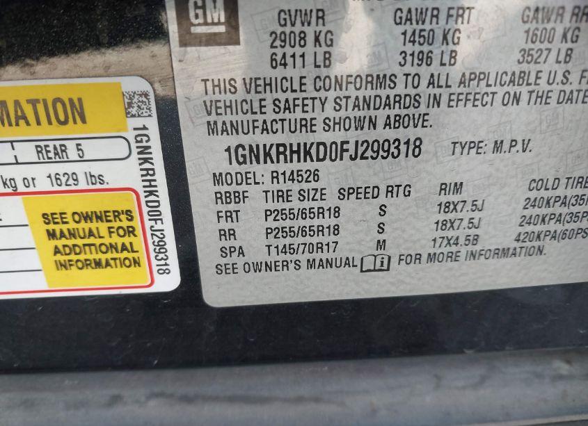 Photo 9 of 2015 Chevrolet Traverse 2LT (VIN 1GNKRHKD0FJ299318)