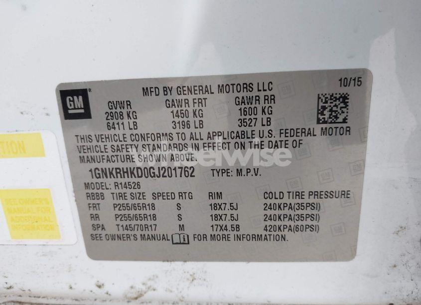 Photo 9 of 2016 Chevrolet Traverse 2LT (VIN 1GNKRHKD0GJ201762)