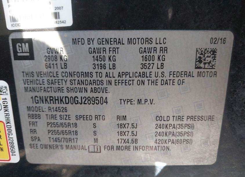 Photo 9 of 2016 Chevrolet Traverse 2LT (VIN 1GNKRHKD0GJ289504)