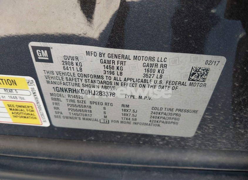 Photo 9 of 2017 Chevrolet Traverse 2LT (VIN 1GNKRHKD0HJ283378)