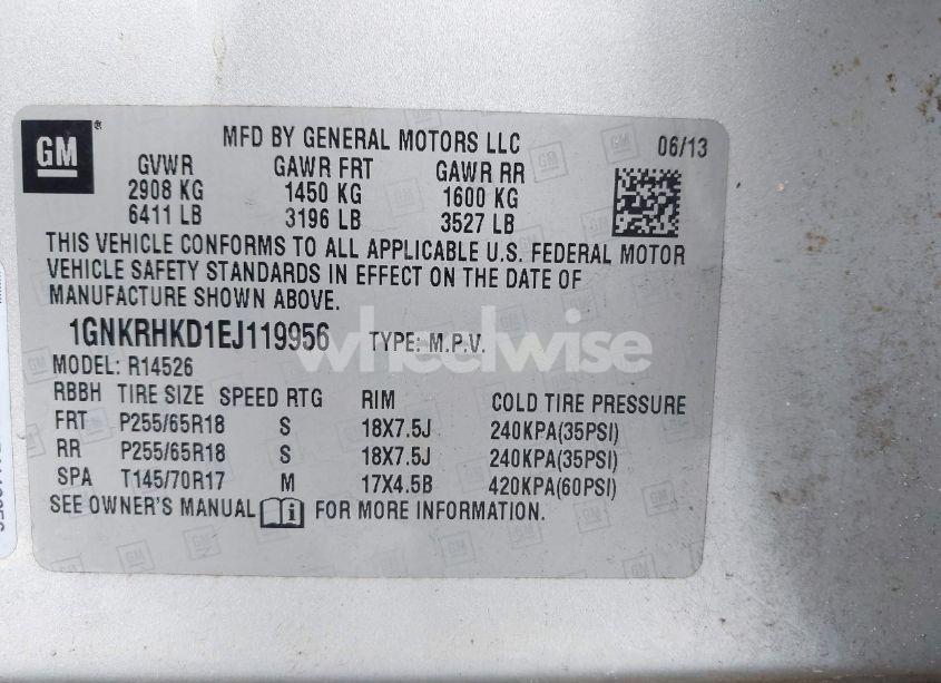 Photo 9 of 2014 Chevrolet Traverse 2LT (VIN 1GNKRHKD1EJ119956)