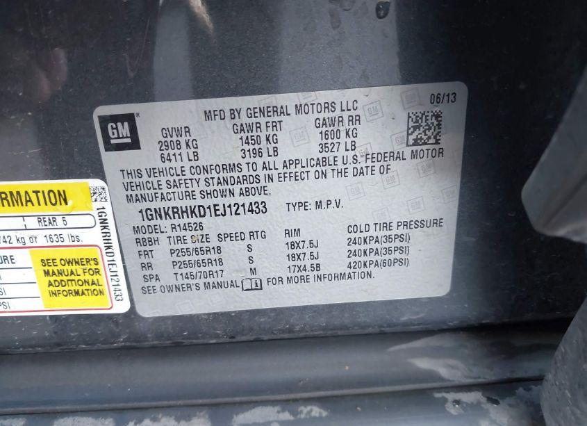 Photo 9 of 2014 Chevrolet Traverse 2LT (VIN 1GNKRHKD1EJ121433)