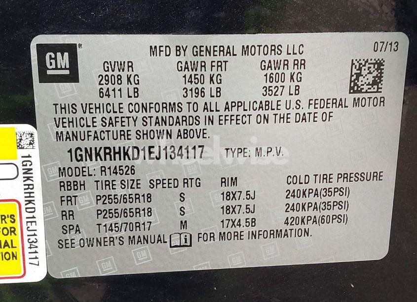 Photo 9 of 2014 Chevrolet Traverse 2LT (VIN 1GNKRHKD1EJ134117)