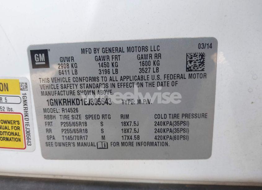 Photo 9 of 2014 Chevrolet Traverse 2LT (VIN 1GNKRHKD1EJ305643)