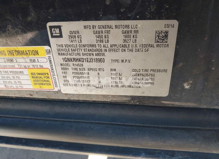 Photo 9 of 2014 Chevrolet Traverse 2LT (VIN 1GNKRHKD1EJ318960)