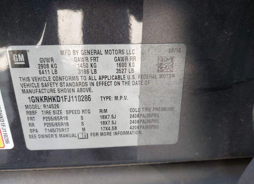 Photo 9 of 2015 Chevrolet Traverse 2LT (VIN 1GNKRHKD1FJ110286)