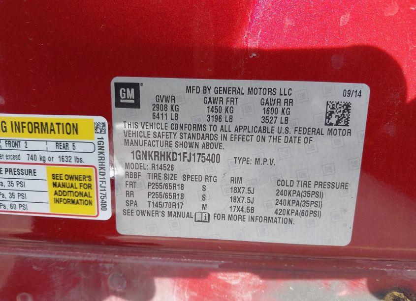 Photo 9 of 2015 Chevrolet Traverse 2LT (VIN 1GNKRHKD1FJ175400)