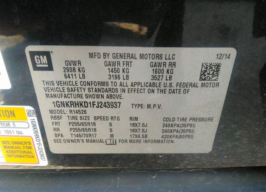 Photo 9 of 2015 Chevrolet Traverse 2LT (VIN 1GNKRHKD1FJ243937)