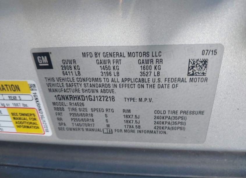 Photo 9 of 2016 Chevrolet Traverse 2LT (VIN 1GNKRHKD1GJ127218)