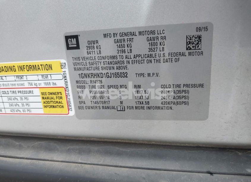 Photo 9 of 2016 Chevrolet Traverse 2LT (VIN 1GNKRHKD1GJ165032)