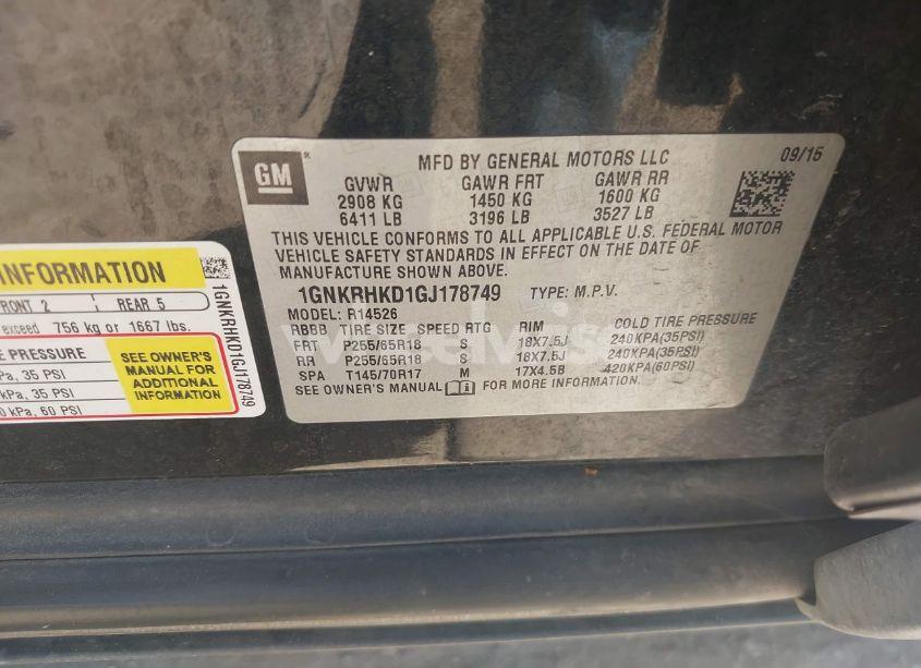 Photo 9 of 2016 Chevrolet Traverse 2LT (VIN 1GNKRHKD1GJ178749)