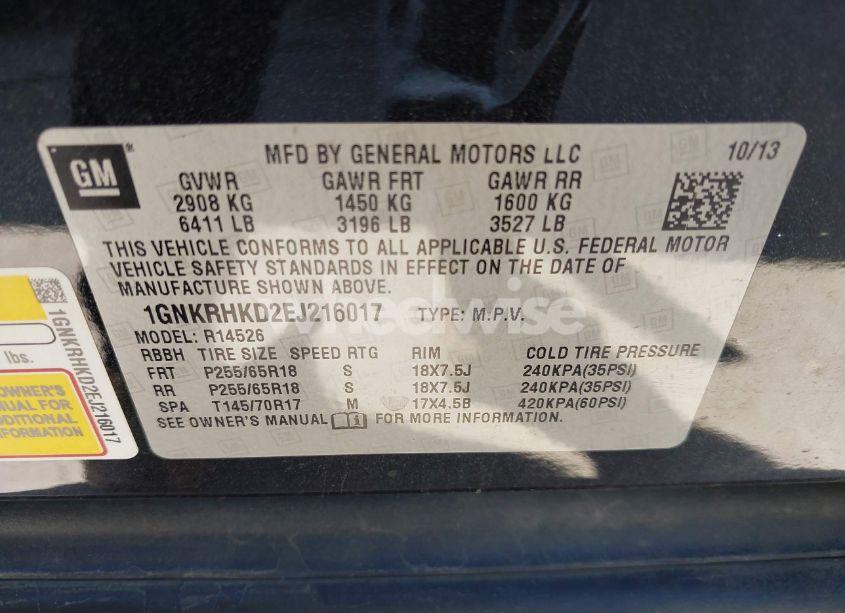 Photo 9 of 2014 Chevrolet Traverse 2LT (VIN 1GNKRHKD2EJ216017)