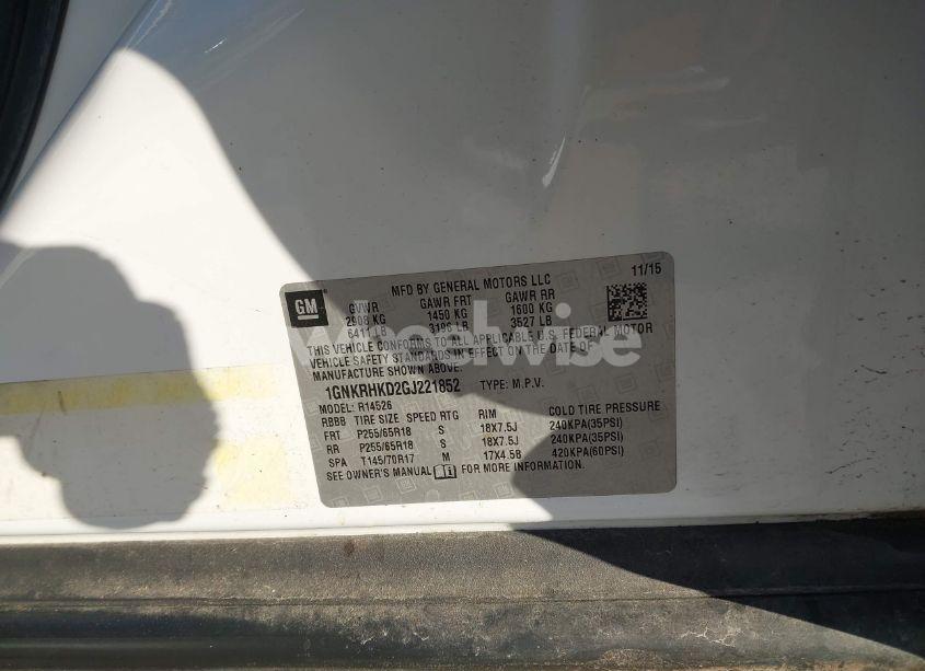 Photo 9 of 2016 Chevrolet Traverse 2LT (VIN 1GNKRHKD2GJ221852)