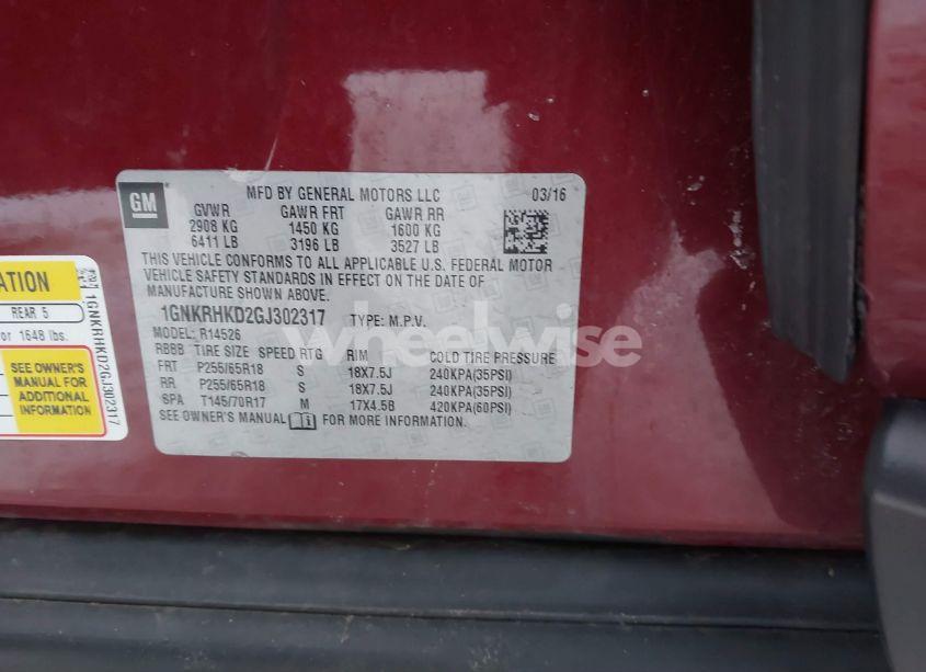 Photo 9 of 2016 Chevrolet Traverse 2LT (VIN 1GNKRHKD2GJ302317)