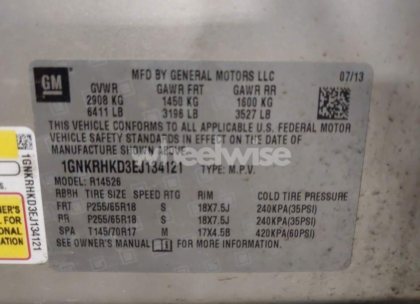 Photo 9 of 2014 Chevrolet Traverse 2LT (VIN 1GNKRHKD3EJ134121)