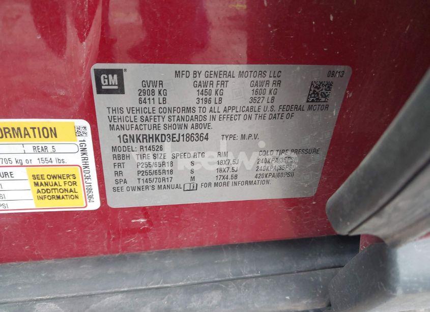 Photo 9 of 2014 Chevrolet Traverse 2LT (VIN 1GNKRHKD3EJ186364)