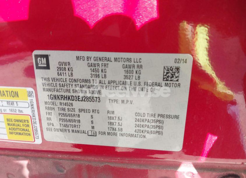 Photo 9 of 2014 Chevrolet Traverse 2LT (VIN 1GNKRHKD3EJ285573)