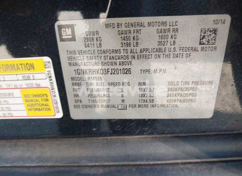 Photo 9 of 2015 Chevrolet Traverse 2LT (VIN 1GNKRHKD3FJ201026)