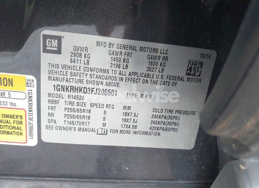 Photo 9 of 2015 Chevrolet Traverse 2LT (VIN 1GNKRHKD3FJ206601)