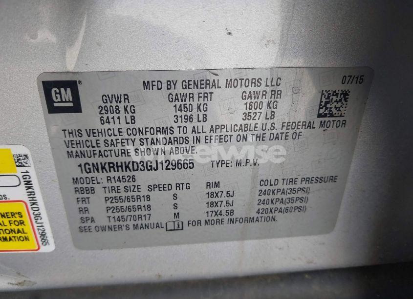 Photo 9 of 2016 Chevrolet Traverse 2LT (VIN 1GNKRHKD3GJ129665)