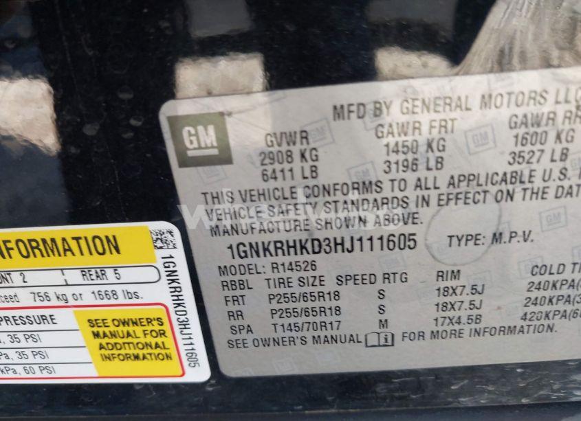 Photo 9 of 2017 Chevrolet Traverse 2LT (VIN 1GNKRHKD3HJ111605)