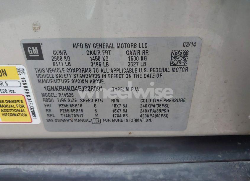 Photo 9 of 2014 Chevrolet Traverse 2LT (VIN 1GNKRHKD4EJ328091)