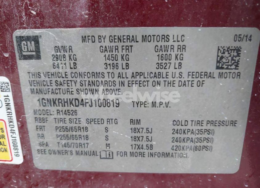 Photo 9 of 2015 Chevrolet Traverse 2LT (VIN 1GNKRHKD4FJ100819)