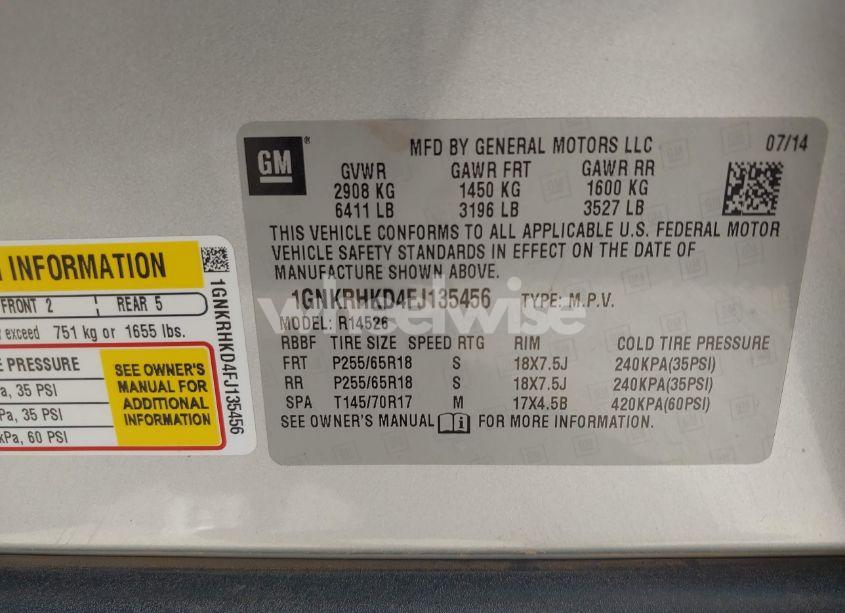 Photo 9 of 2015 Chevrolet Traverse 2LT (VIN 1GNKRHKD4FJ135456)