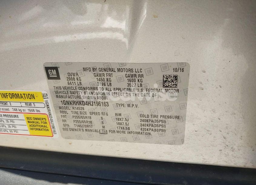 Photo 9 of 2017 Chevrolet Traverse 2LT (VIN 1GNKRHKD4HJ196163)