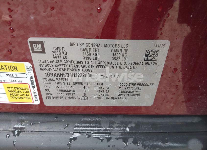 Photo 9 of 2017 Chevrolet Traverse 2LT (VIN 1GNKRHKD4HJ232000)