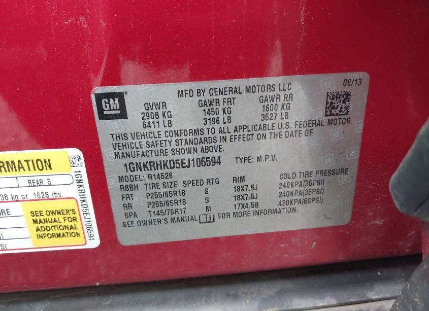 Photo 9 of 2014 Chevrolet Traverse 2LT (VIN 1GNKRHKD5EJ106594)