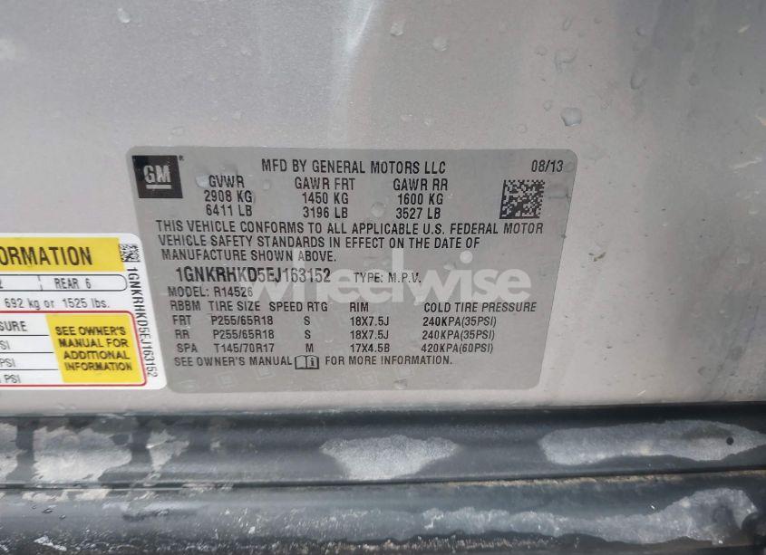 Photo 9 of 2014 Chevrolet Traverse 2LT (VIN 1GNKRHKD5EJ163152)