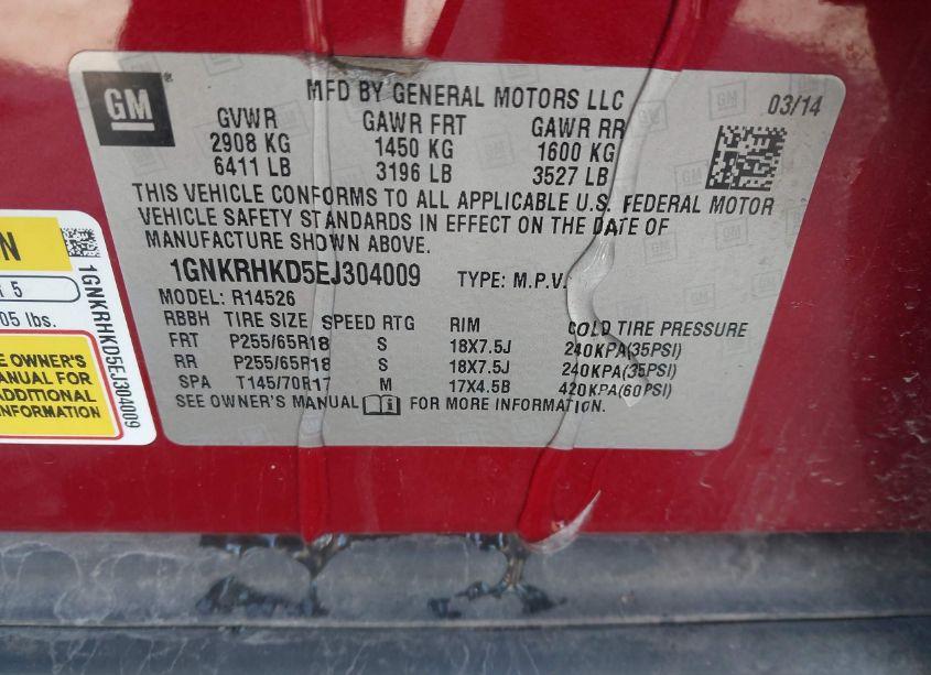 Photo 9 of 2014 Chevrolet Traverse 2LT (VIN 1GNKRHKD5EJ304009)