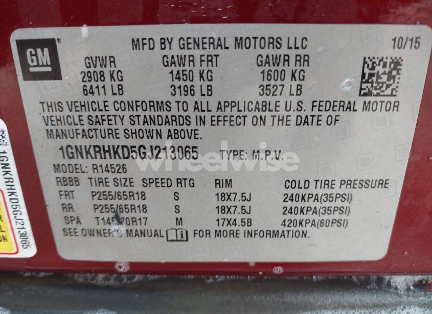 Photo 9 of 2016 Chevrolet Traverse 2LT (VIN 1GNKRHKD5GJ213065)