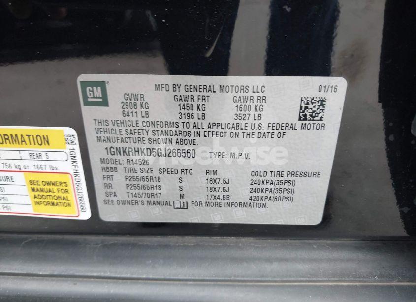 Photo 9 of 2016 Chevrolet Traverse 2LT (VIN 1GNKRHKD5GJ266560)