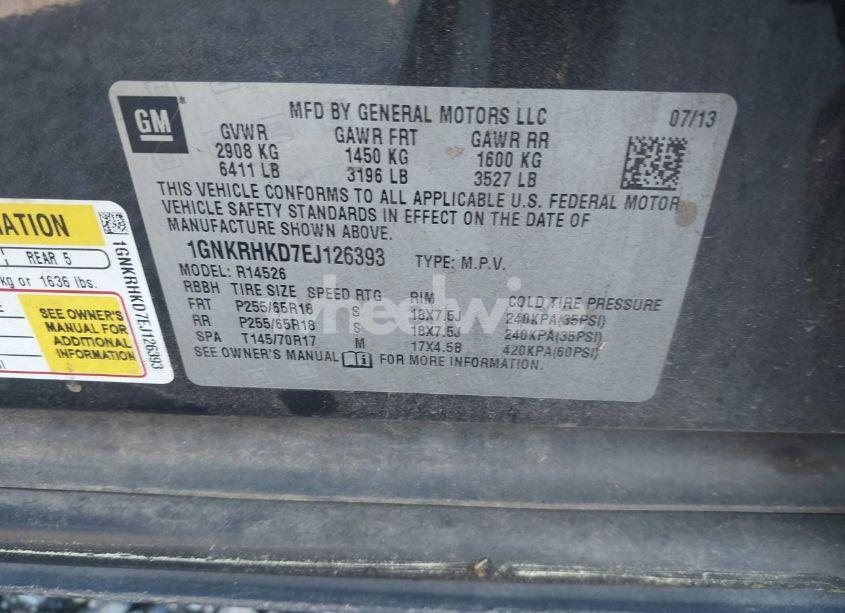 Photo 9 of 2014 Chevrolet Traverse 2LT (VIN 1GNKRHKD7EJ126393)