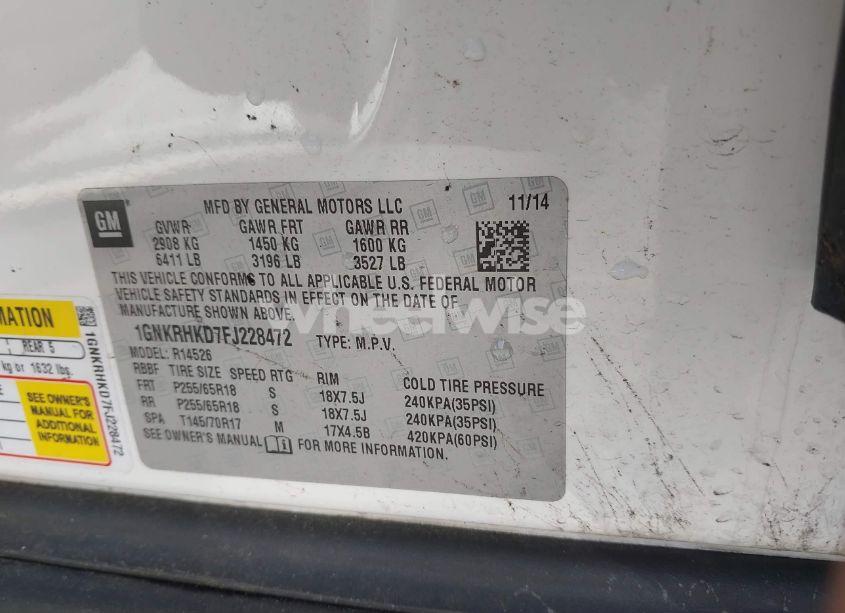 Photo 9 of 2015 Chevrolet Traverse 2LT (VIN 1GNKRHKD7FJ228472)