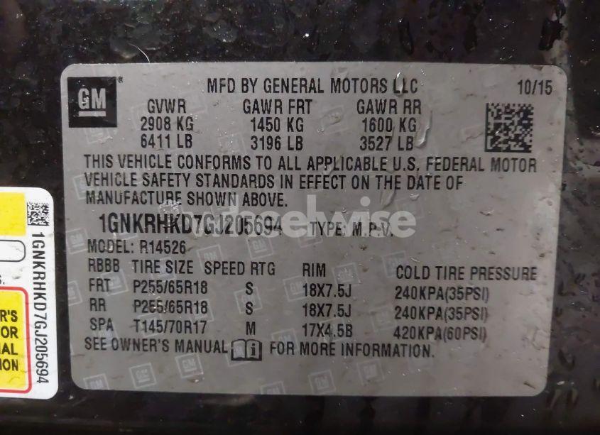 Photo 9 of 2016 Chevrolet Traverse 2LT (VIN 1GNKRHKD7GJ205694)