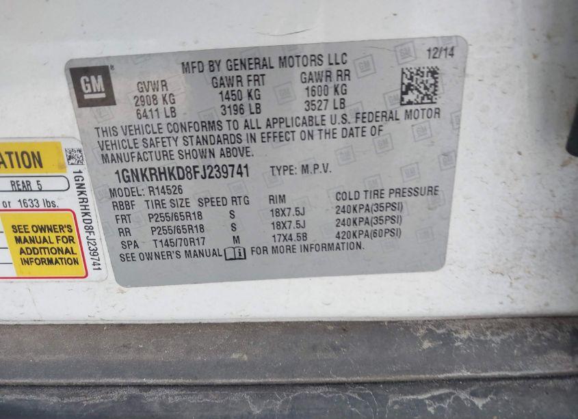 Photo 9 of 2015 Chevrolet Traverse 2LT (VIN 1GNKRHKD8FJ239741)